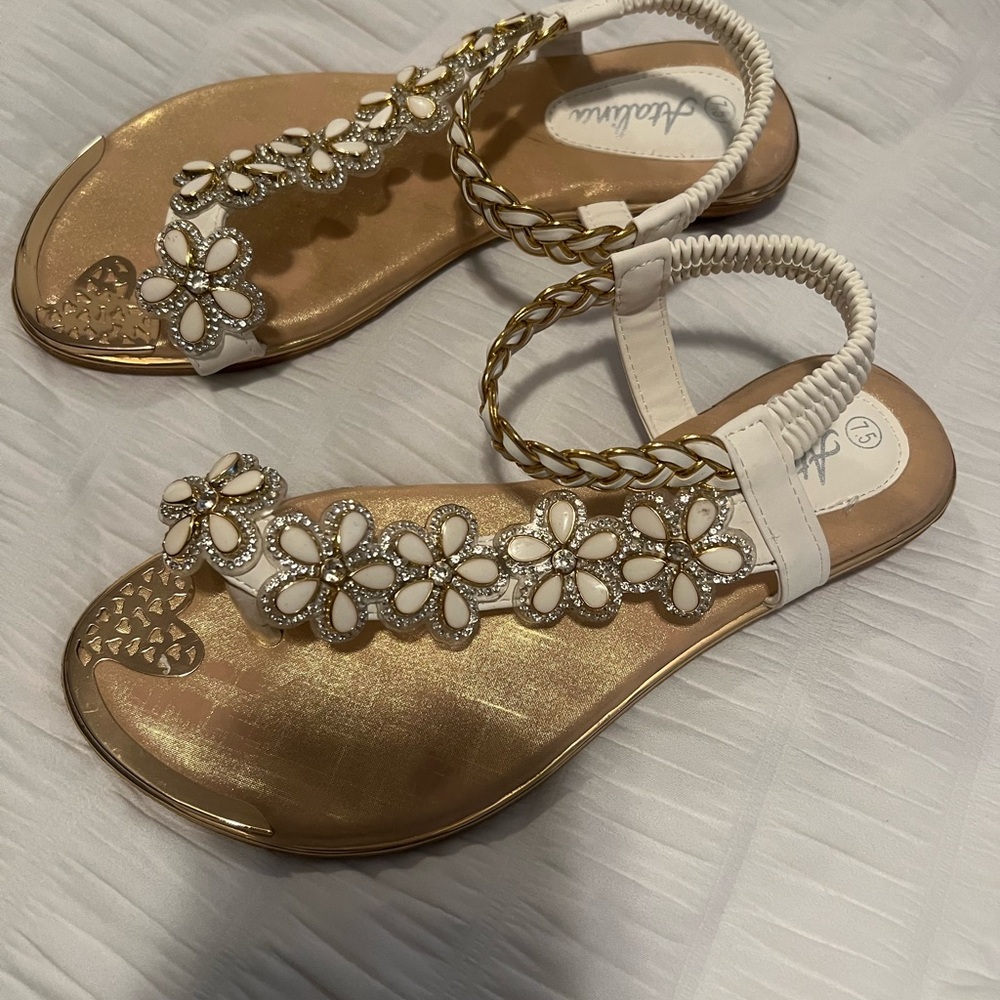 White and Gold Floral Sandals